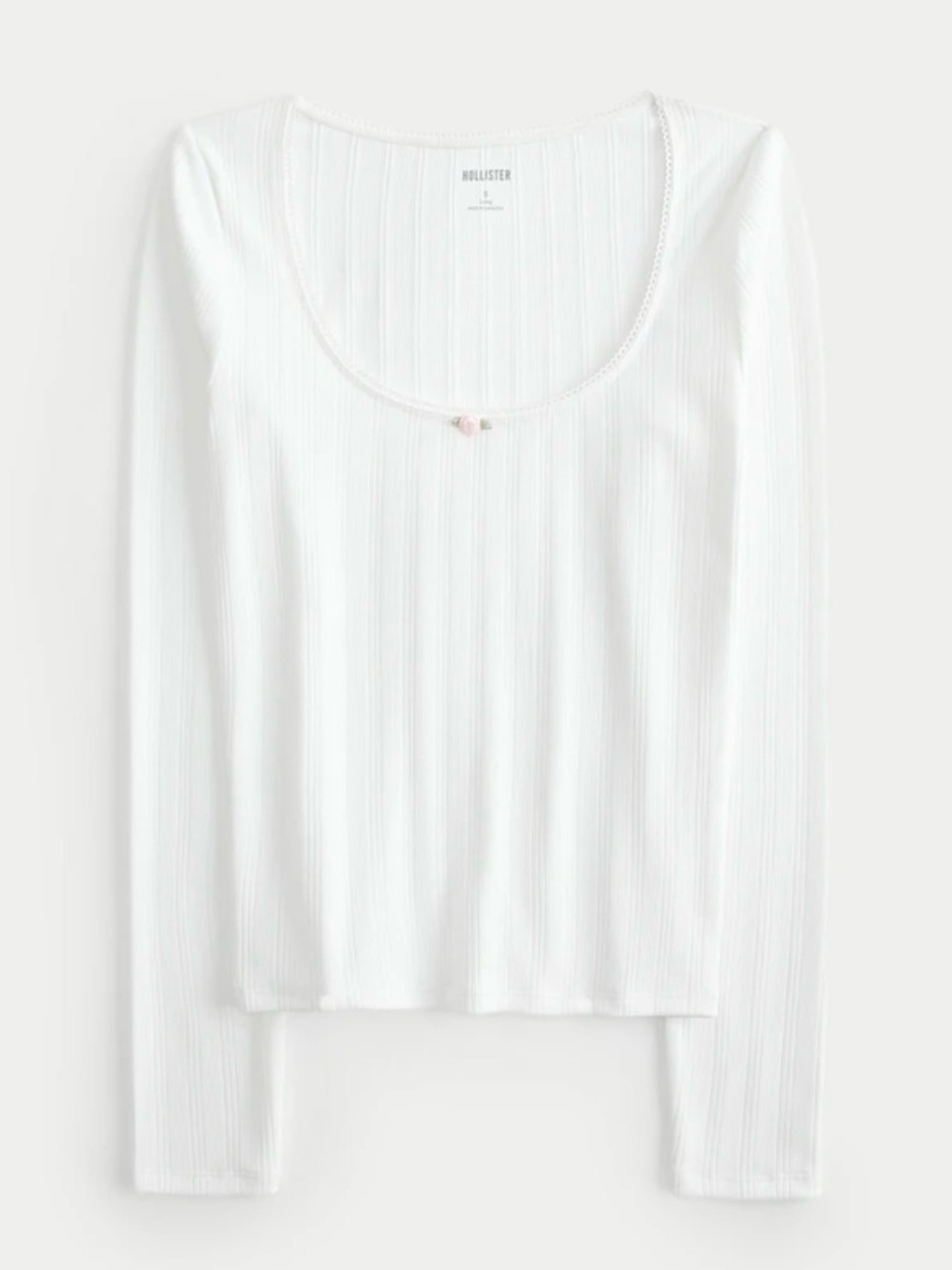 Hollister White Ribbed Scoop-Neck Long Sleeve Top with Bow